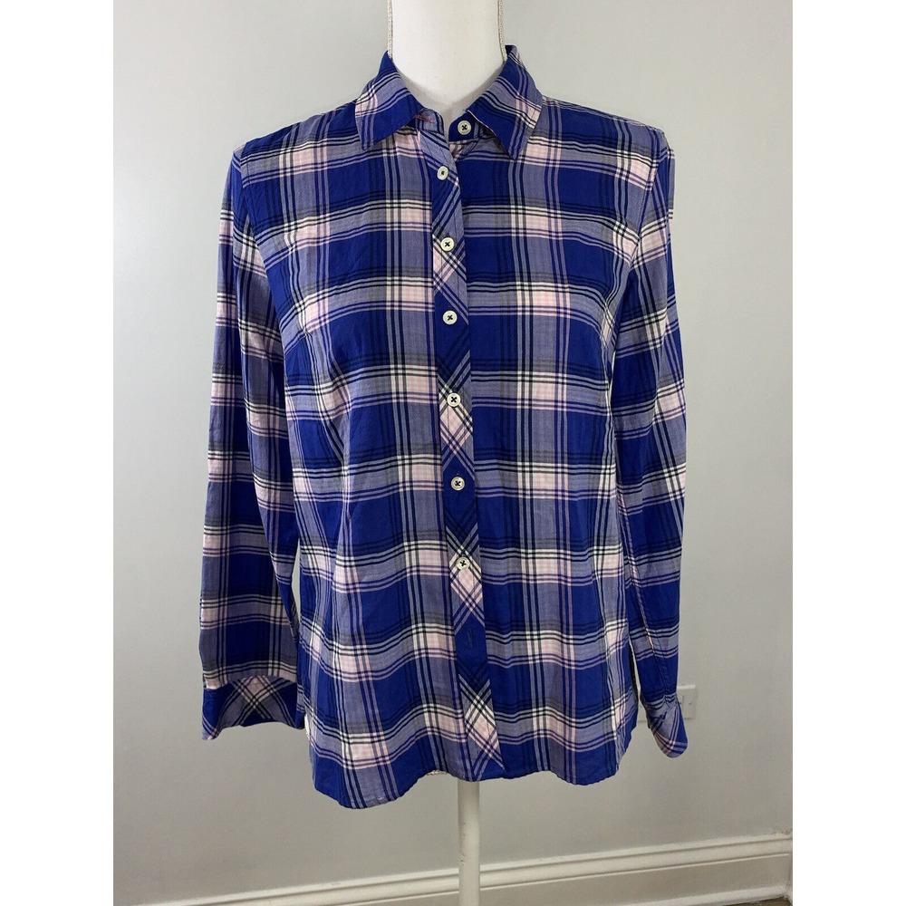 Talbots Women's Navy Blue Plaid Longsleeve Button Front Shirt Size Small